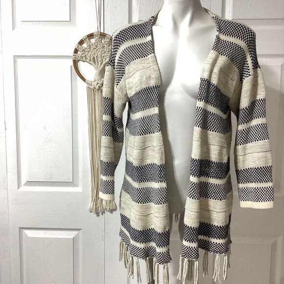 American Living Striped Blue Ivory Fringe Cardigan Sweater XL - Picture 1 of 7